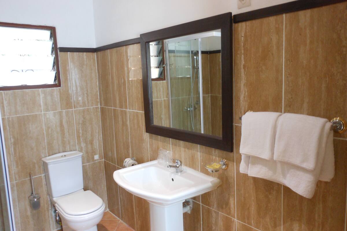 Ein Badezimmer mit Toilette, Waschbecken und Spiegel.