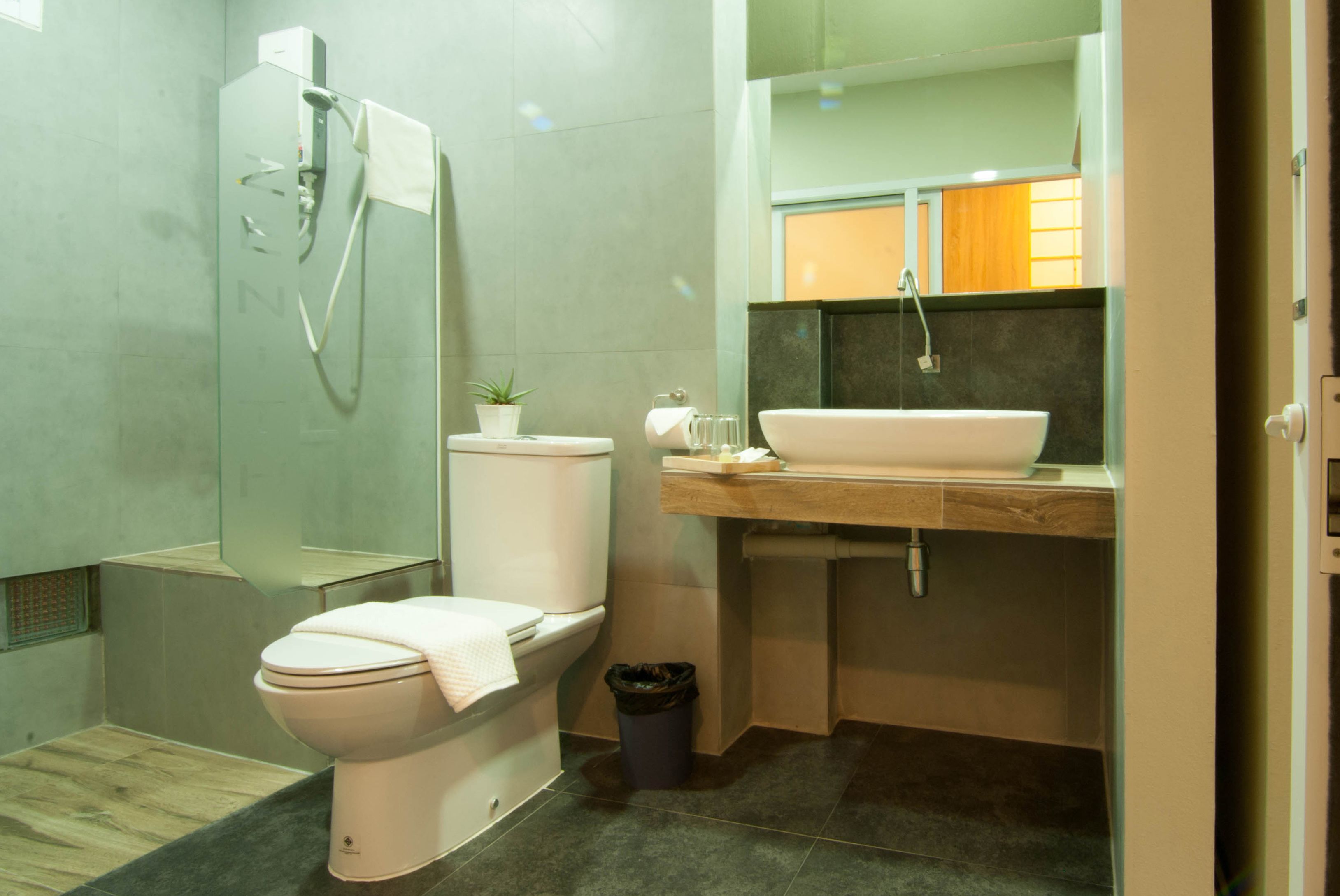A modern bathroom with a toilet, shower, sink, and a small potted plant.