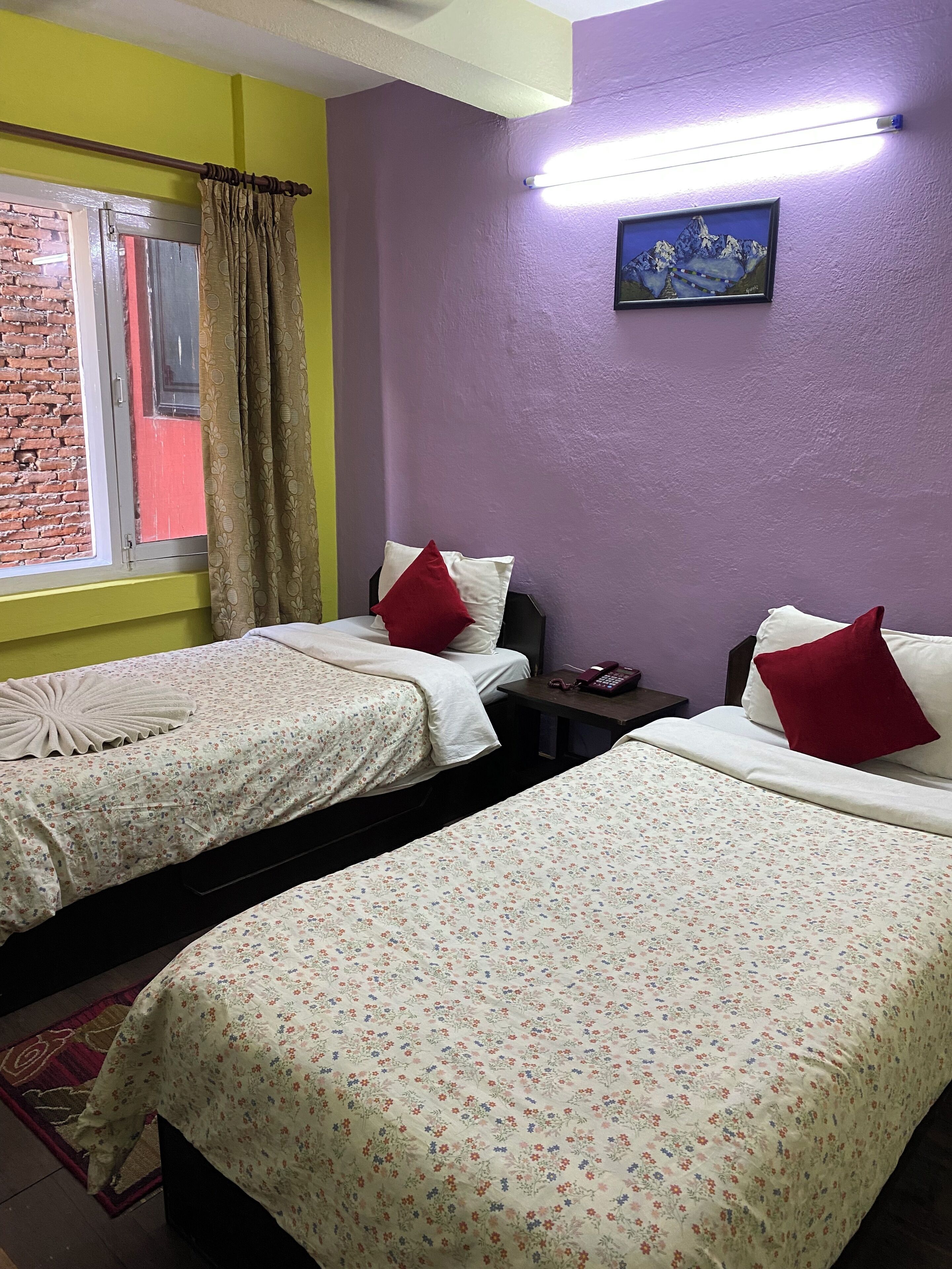 A room with two beds, each with floral bedding and red pillows, a small bedside table with a phone, and a window with curtains.