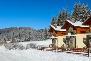 A chalet-style building with a stone facade, wooden balconies, and a snow-covered roof. - Villa Mtashi (Borjomi)