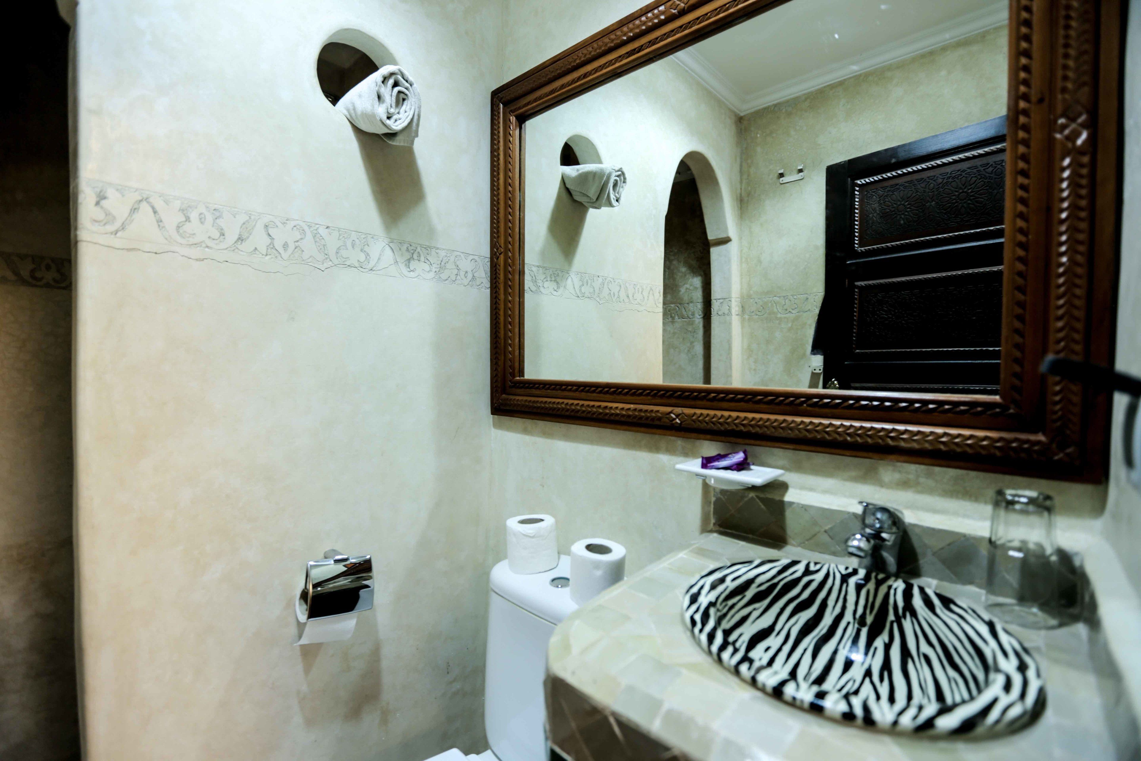 A bathroom with a marble sink, a zebra-patterned basin, two rolls of toilet paper, a towel dispenser, and a mirror with a wooden frame.