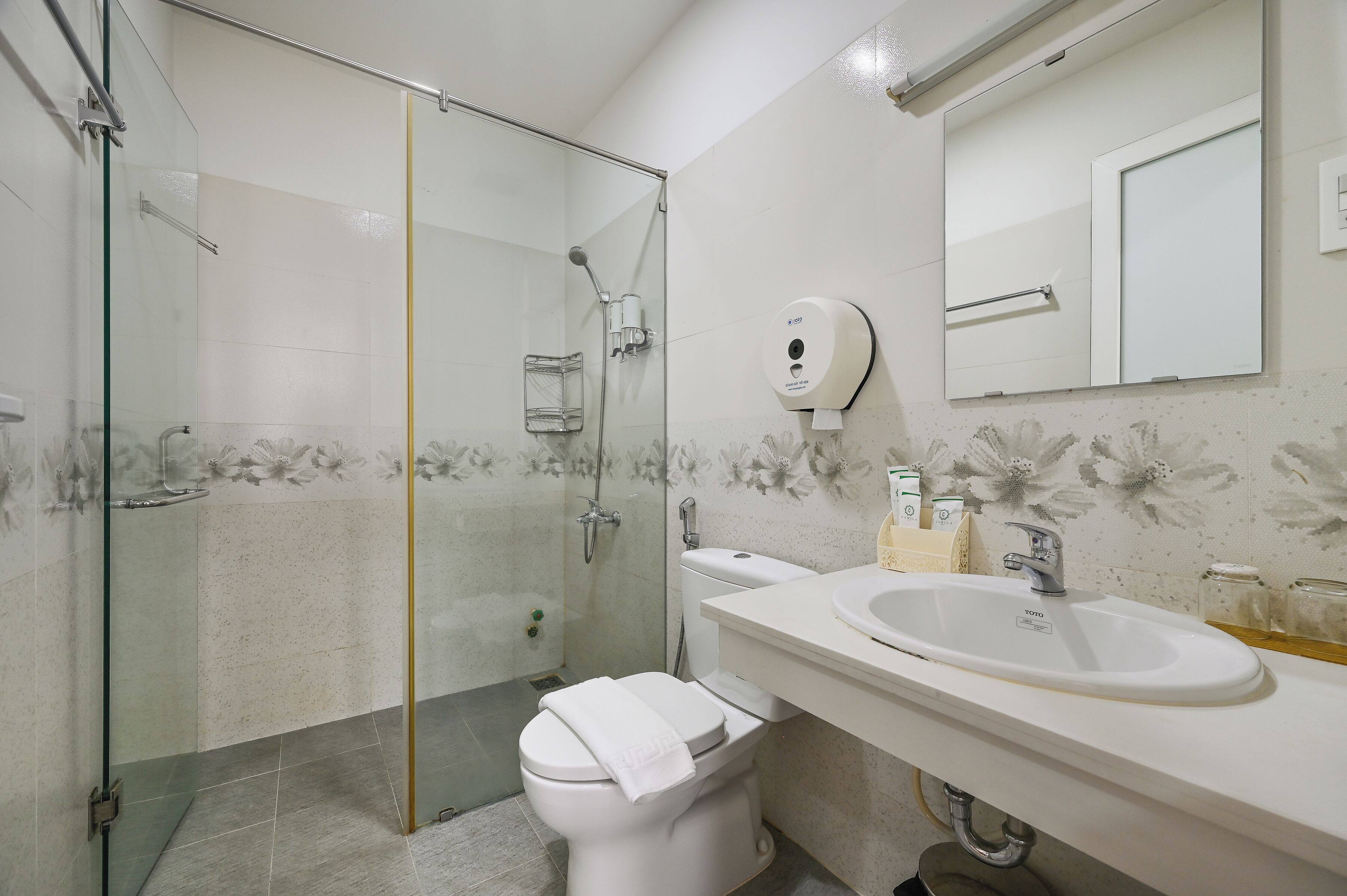 premier deluxe double room | bathroom | shower, hydromassage showerhead, designer toiletries, hair dryer