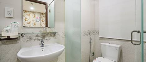 A bathroom with a white sink, a toilet, and a glass shower enclosure.