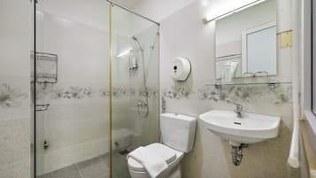 A bathroom with a glass shower enclosure, a toilet, a sink, and a mirror.