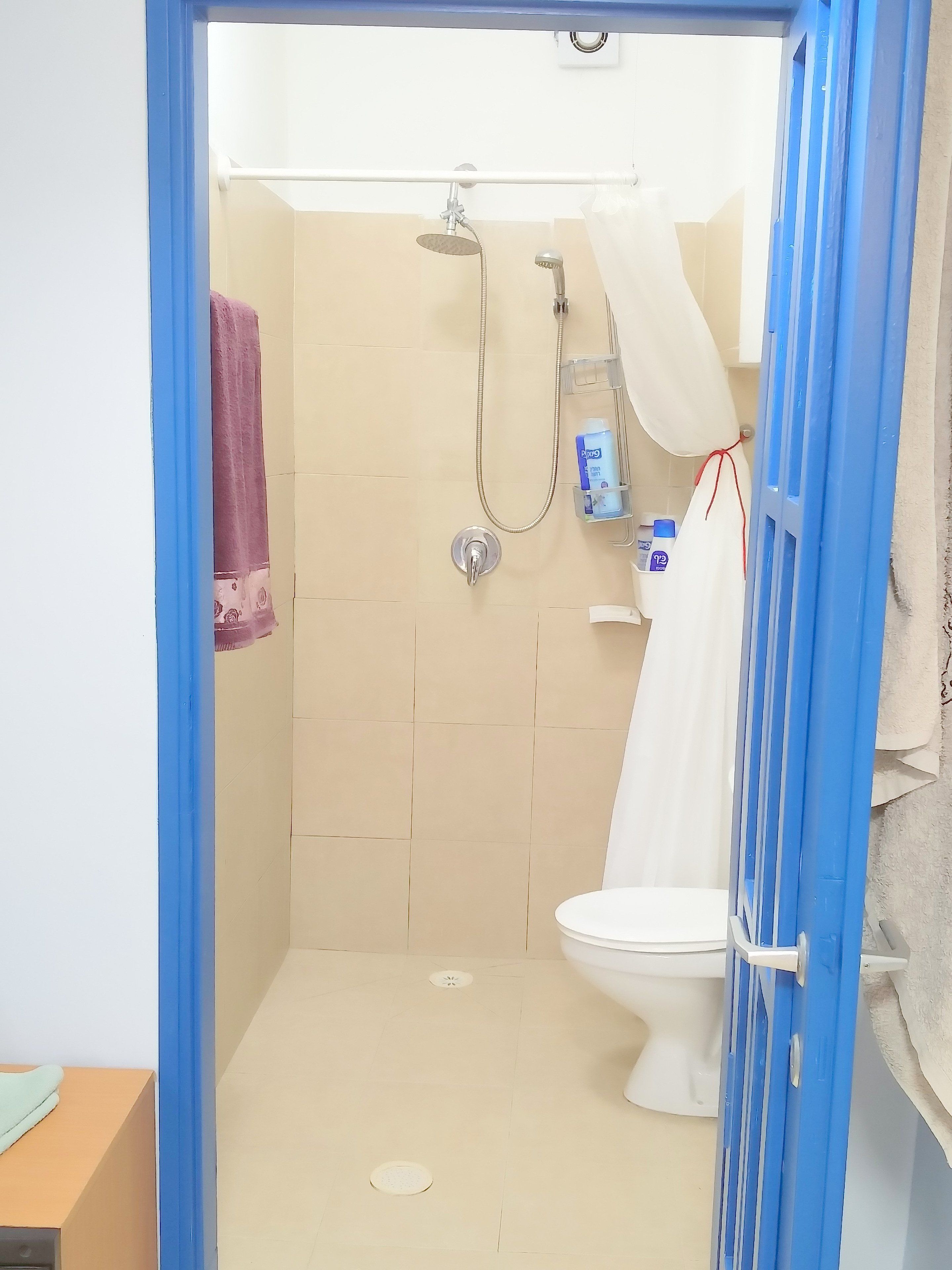 Un baño pequeño y cerrado con ducha, inodoro y un perchero para toallas.