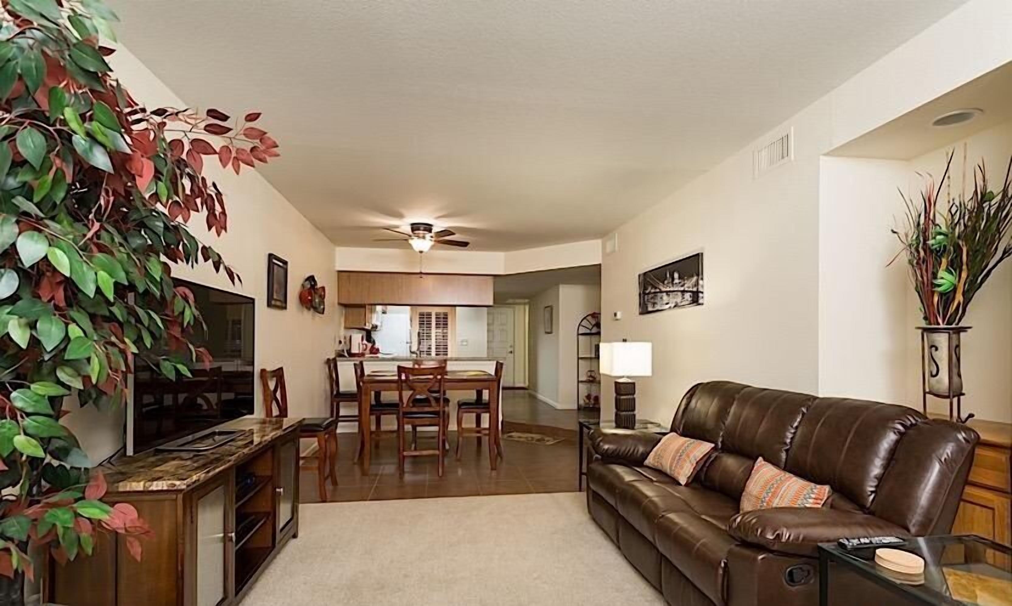 A living room with a brown leather sofa, a TV, and a dining area with a table and chairs.