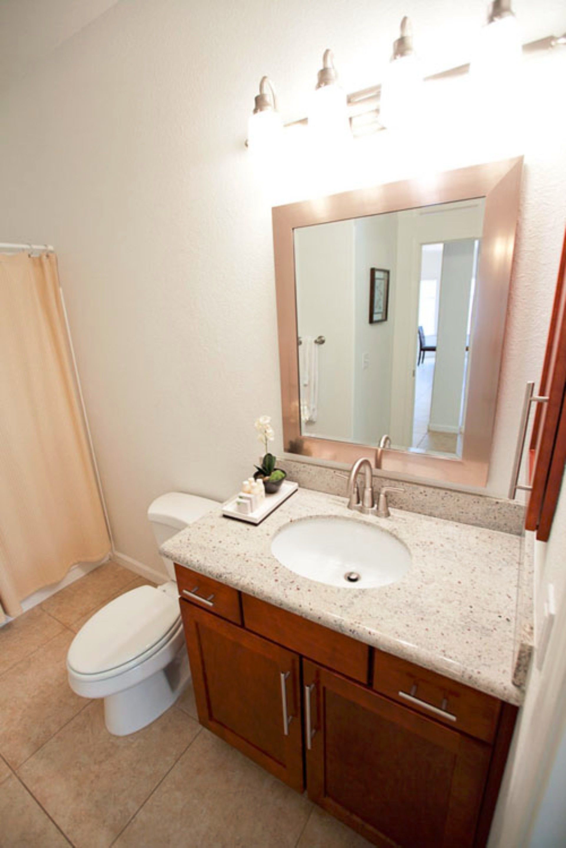 Une salle de bain avec un lavabo, un miroir et des toilettes.