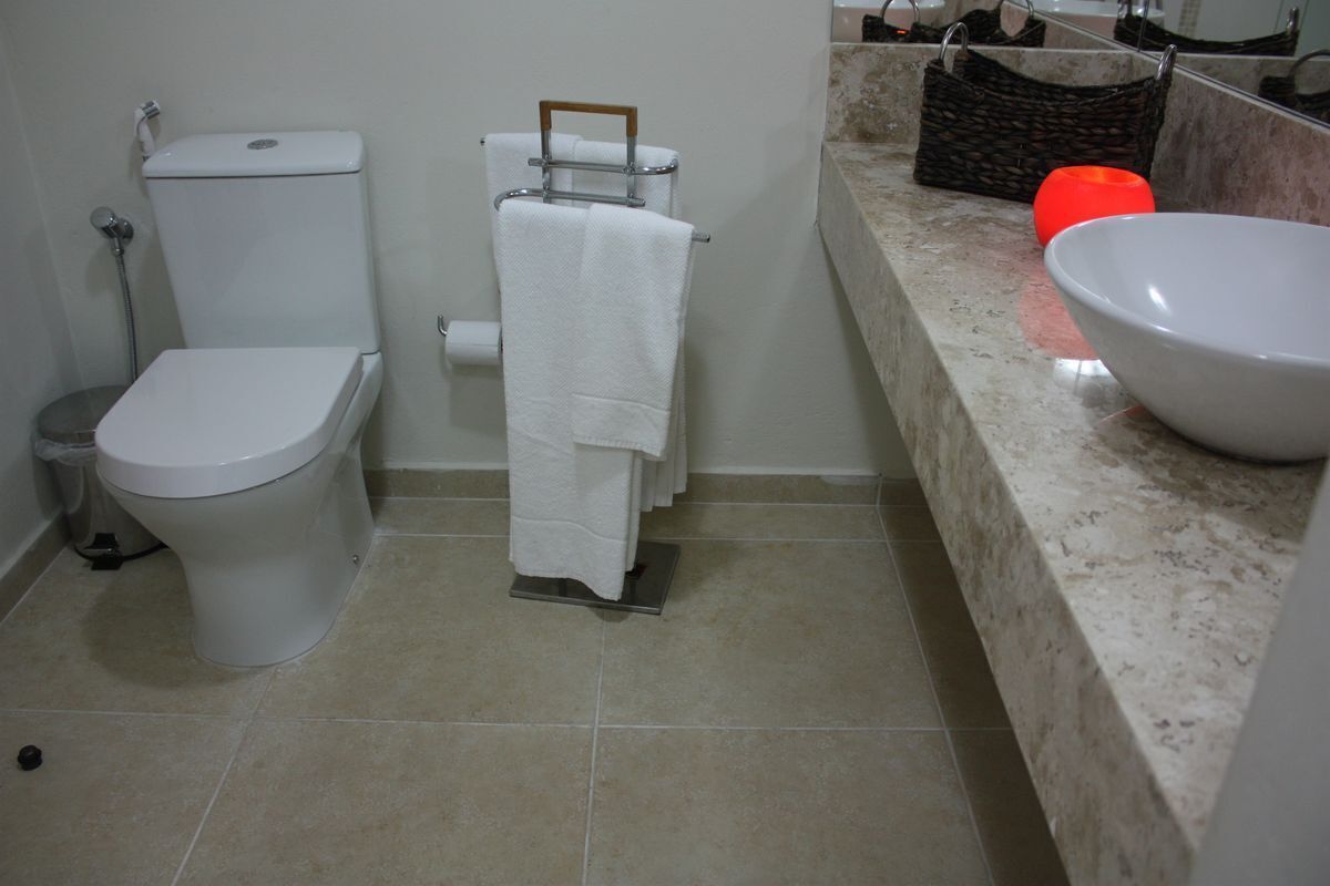 Un baño con inodoro, toallero, lavabo y una cesta sobre la encimera.