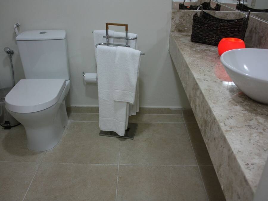 Un baño con inodoro, toallero, lavabo y una cesta sobre la encimera.