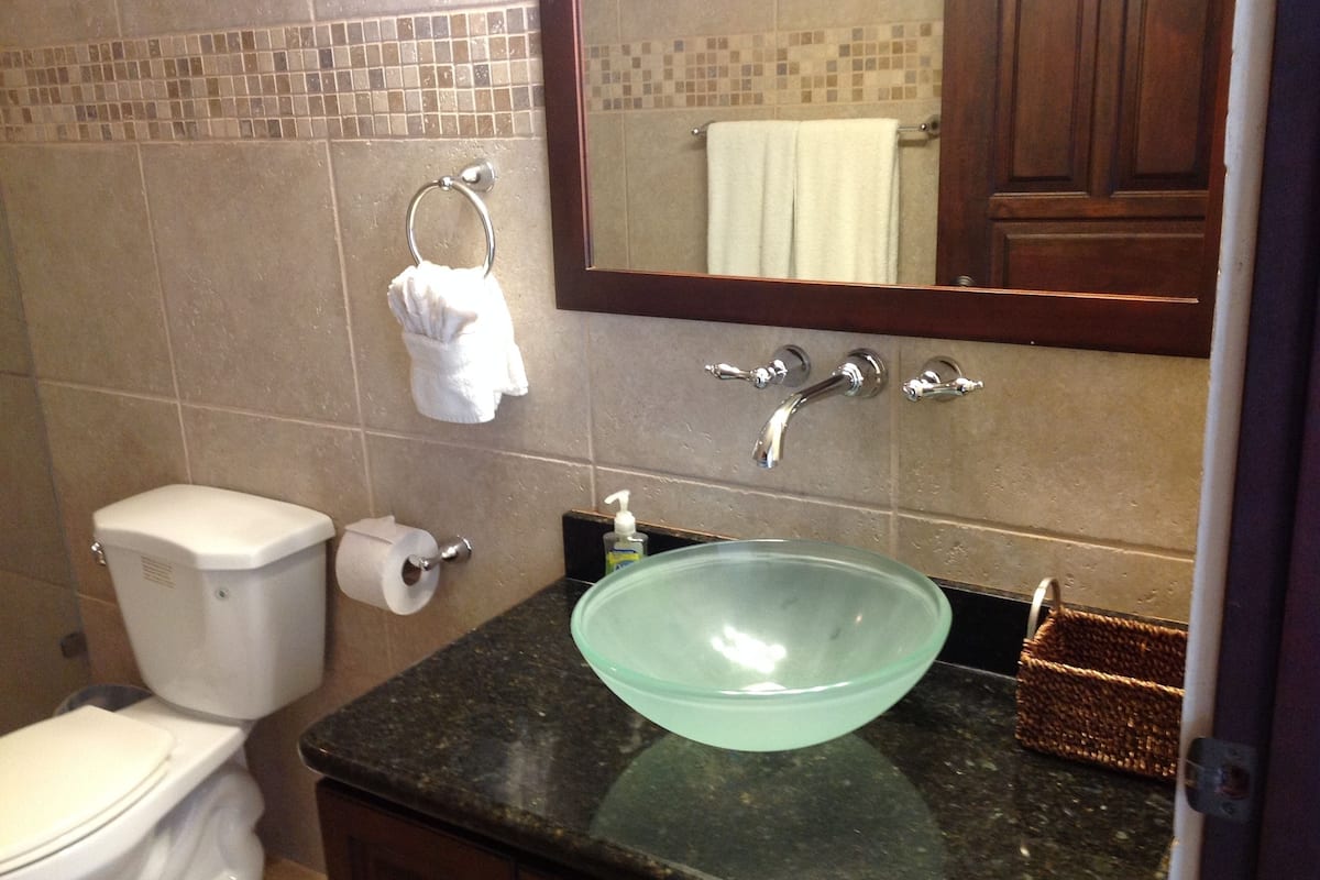 A bathroom with a toilet, a glass bowl sink, a towel rack, and a mirror.