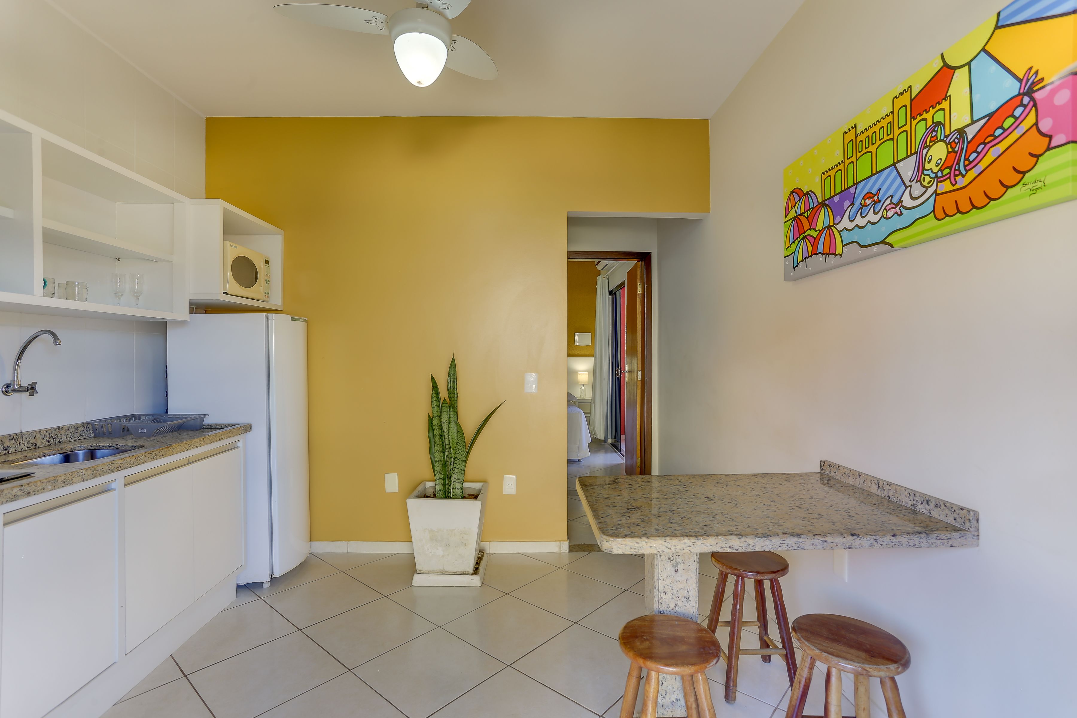 A kitchen with white cabinets, a granite countertop, a microwave, a potted plant, and a colorful mural on the wall.