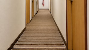 A hotel hallway with wooden doors, framed artwork, a fire extinguisher, and a carpeted floor. - Royal Queenspark Hotel (Malacca City)