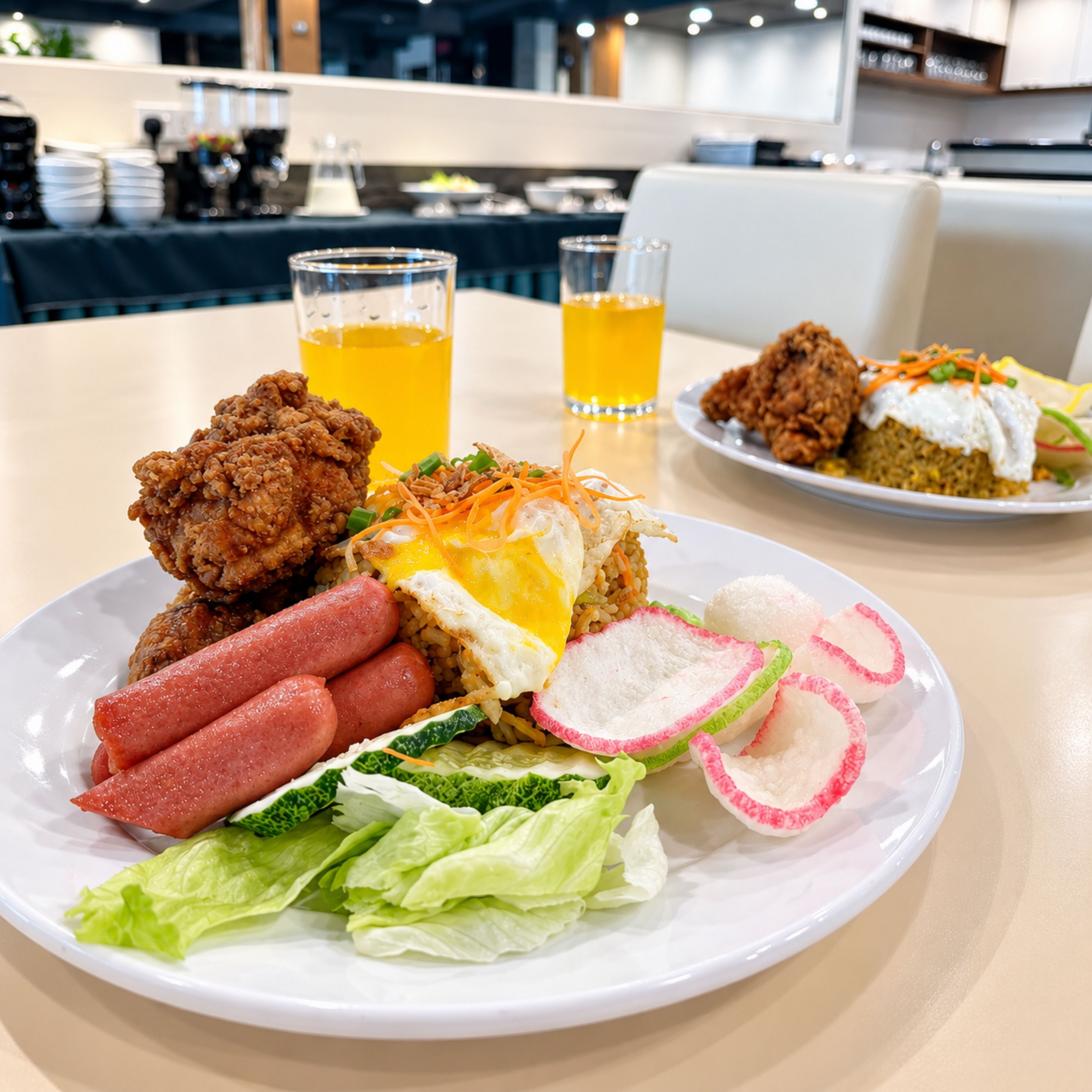 A dining table with a plate of food including fried chicken, sausages, rice, and vegetables.