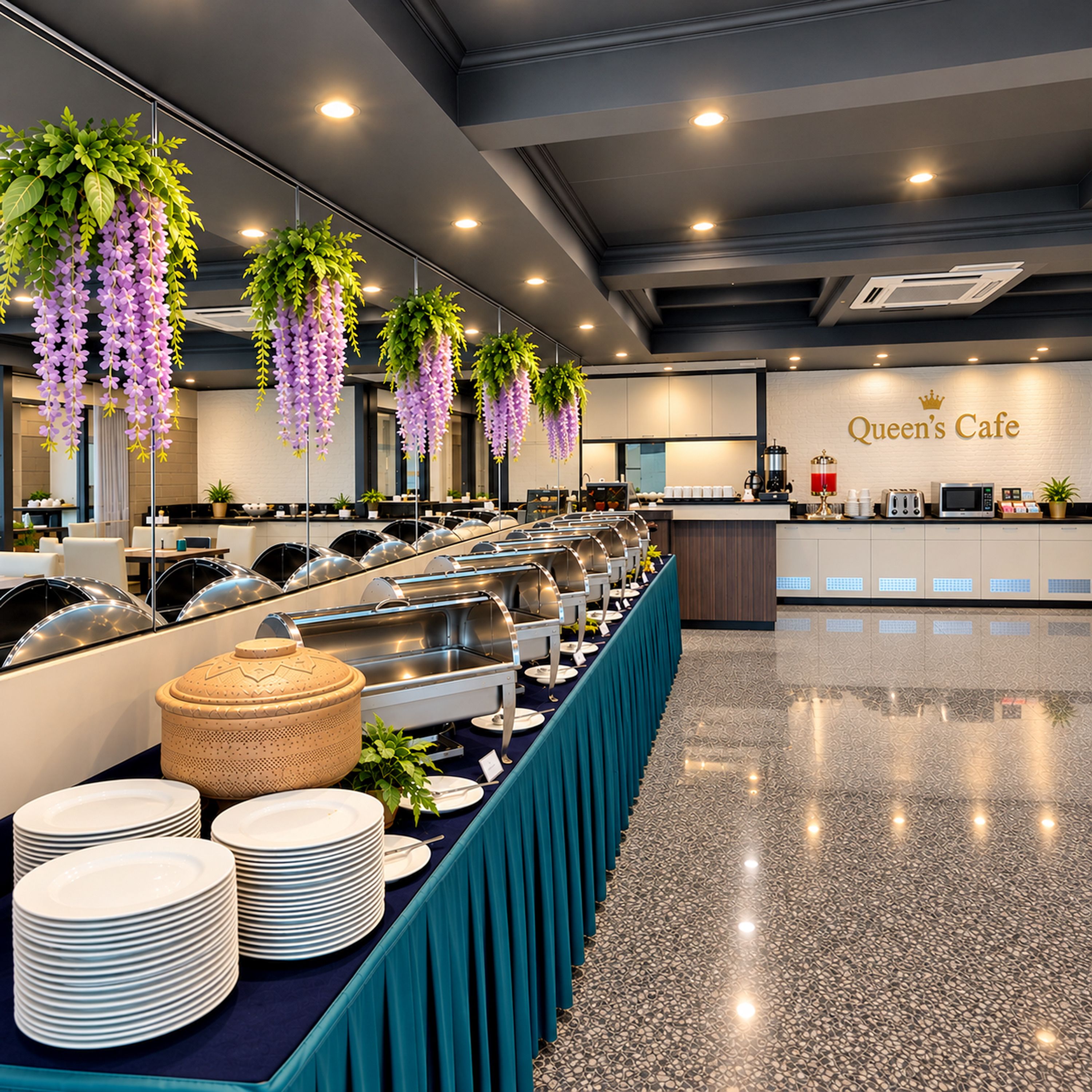 A buffet setup with multiple serving stations, a counter with a coffee machine, and hanging plants.