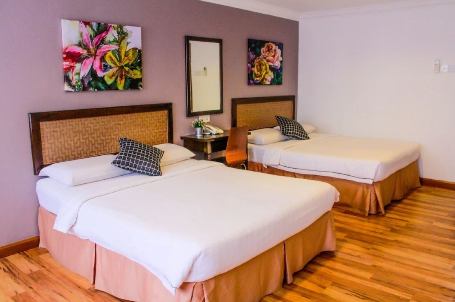 Premium bedding, desk, laptop workspace, iron/ironing board