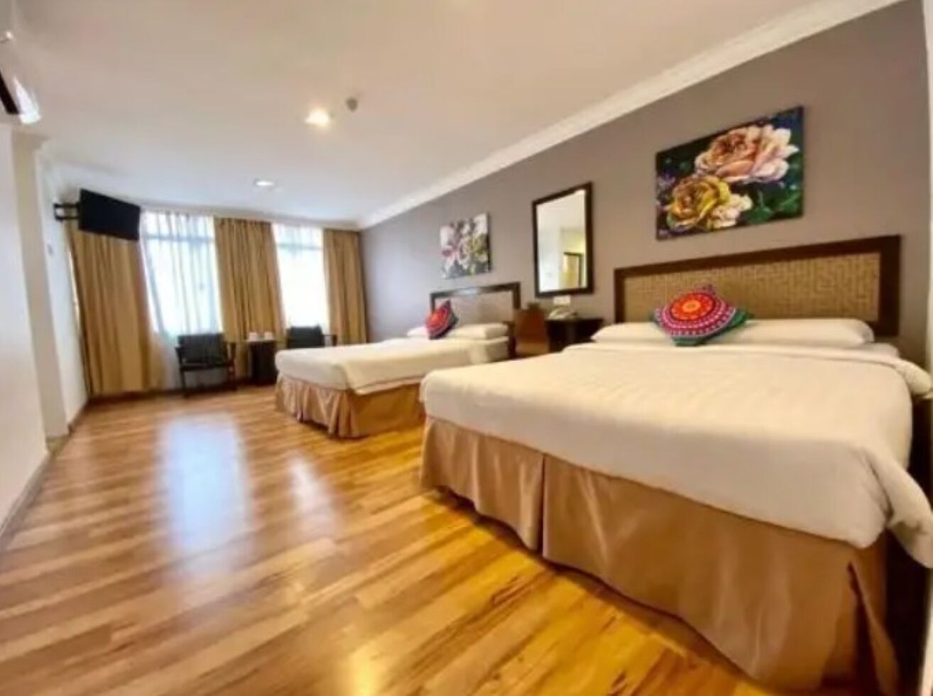 Premium bedding, desk, laptop workspace, iron/ironing board