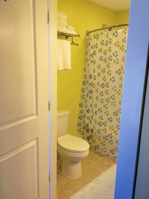 A bathroom with a toilet, a towel rack with folded towels, and a shower curtain with a fish pattern. - 109 Main Street (Stowe)