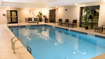 Indoor pool, open 10:00 AM to 10:00 PM, sun loungers