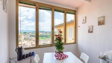 A room with a table, chairs, a radiator, and a window with a view of buildings.
