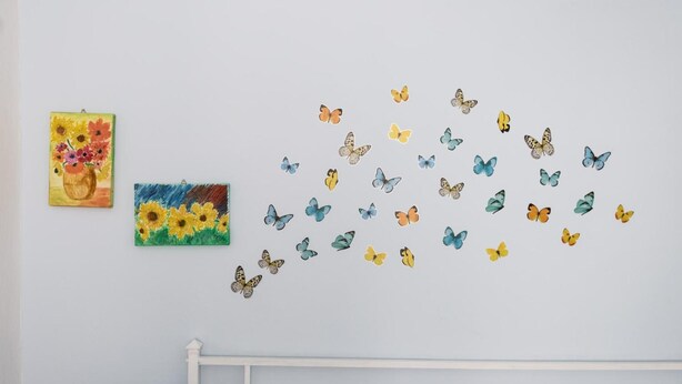 A bedroom with a white bed frame, two wall-mounted paintings, and a wall with butterfly decals. - Casa di Osio (Siena)