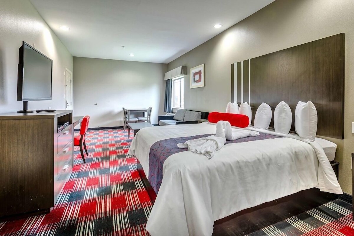 Ein Hotelzimmer mit Bett, Schreibtisch, Stuhl, Fernseher und einem gemusterten Teppich.