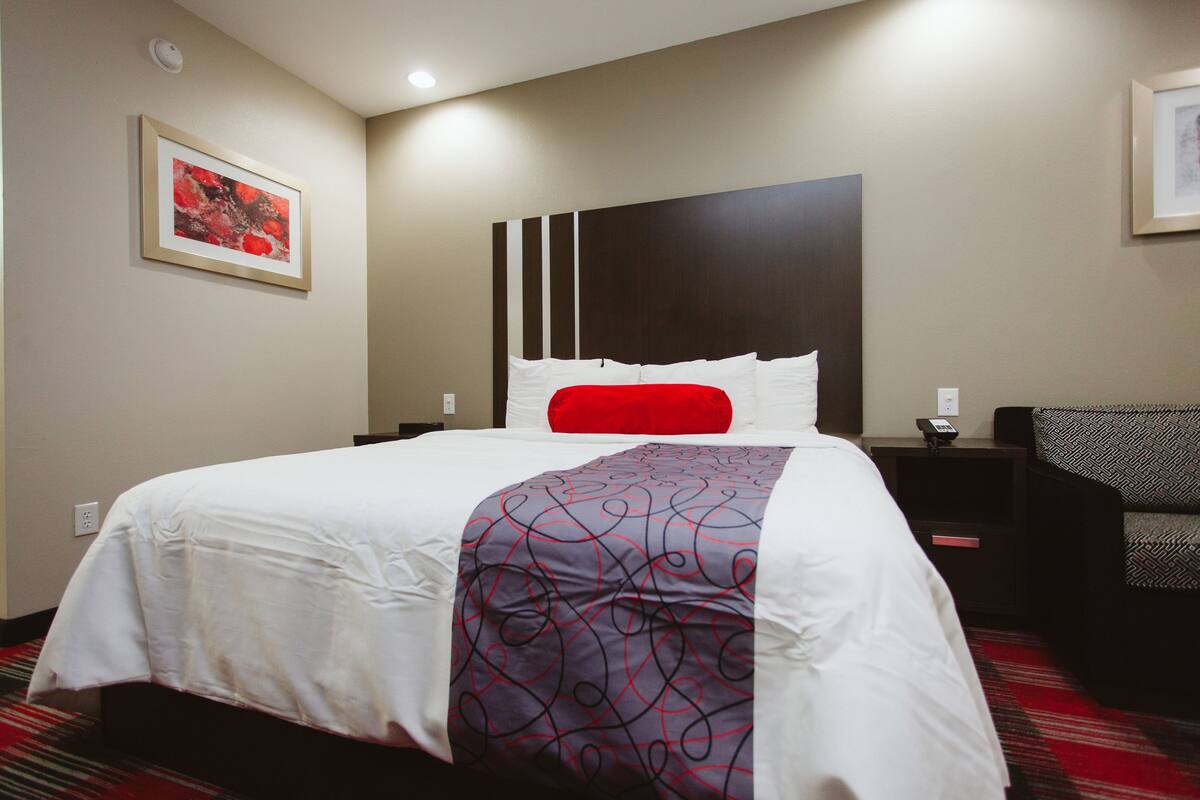 Une chambre d’hôtel avec un lit bien fait, un coussin rouge décoratif, un plaid à motifs, une tête de lit à rayures verticales, un tableau encadré au mur et un fauteuil à motifs.