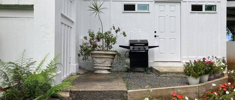 Un edificio blanco con puerta principal, una parrilla y un jardín con plantas y flores.