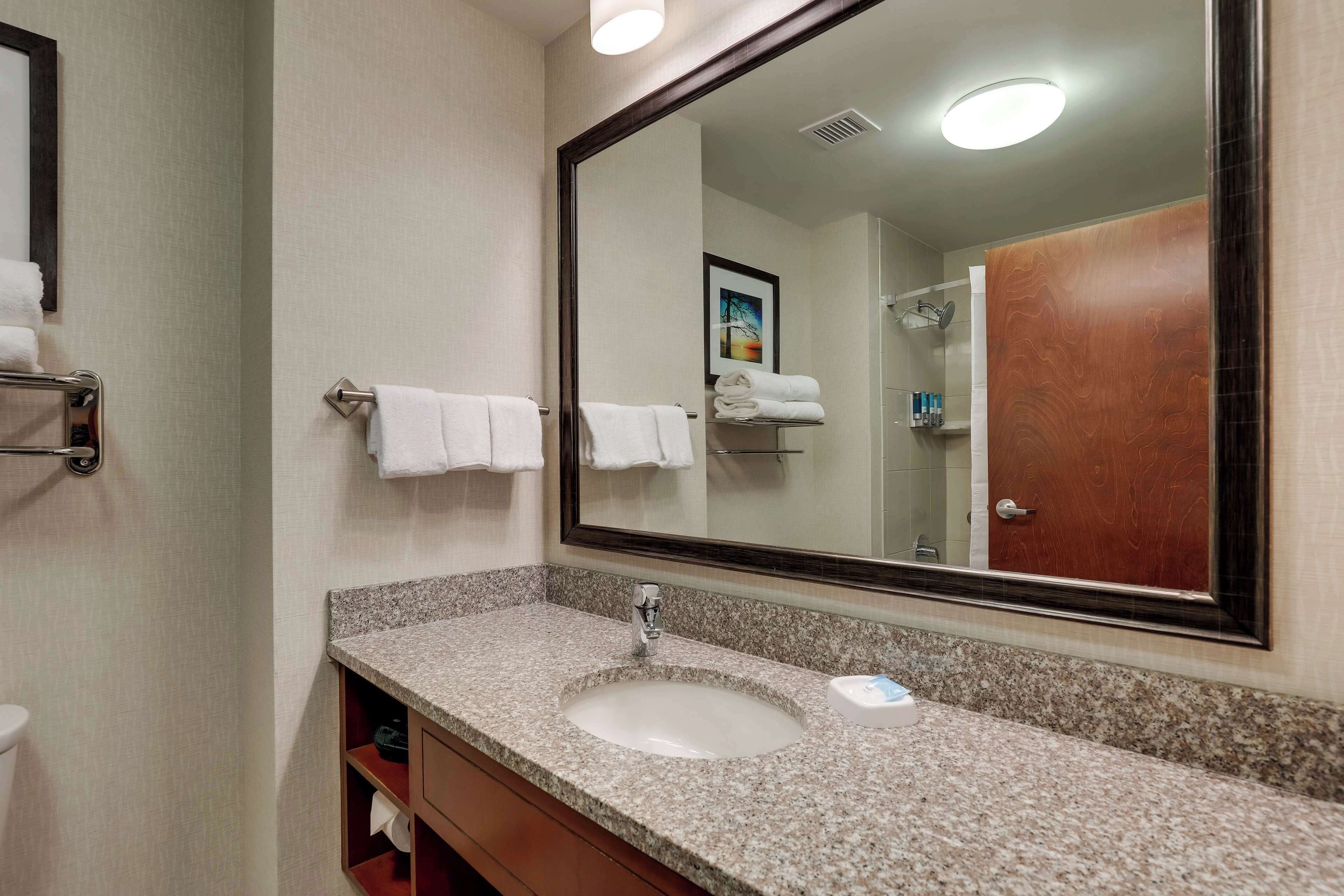 combined shower/bathtub, free toiletries, hair dryer, towels