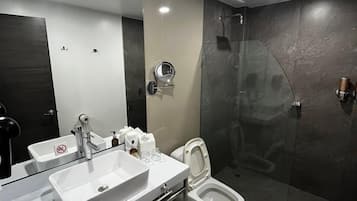 Habitación de diseñador | Baño | Amenidades de baño gratuitas, secadora de cabello, batas, bidet