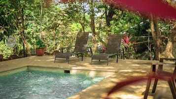 Piscine extérieure, chaises longues