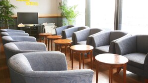 Rebedor d'hotel amb zones d'estar, televisió i plantes.
