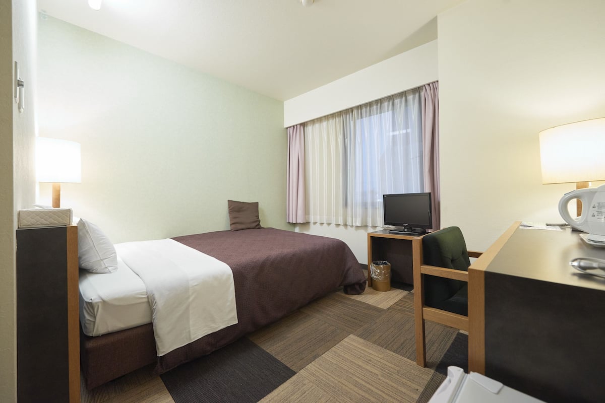 A hotel room with a bed, a desk, a chair, a television, and a window with curtains.
