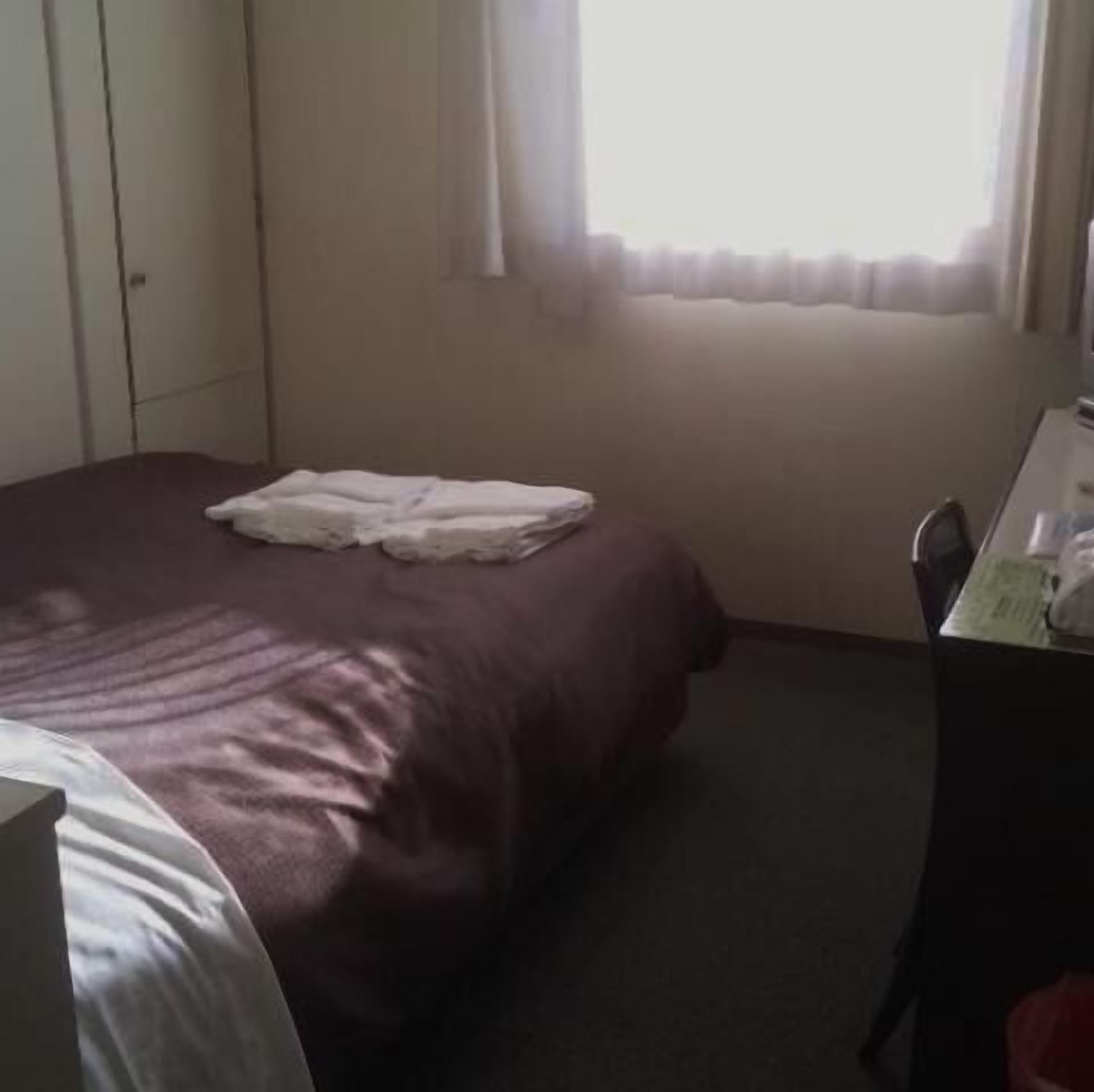 A hotel room with a bed, a desk, and a window.