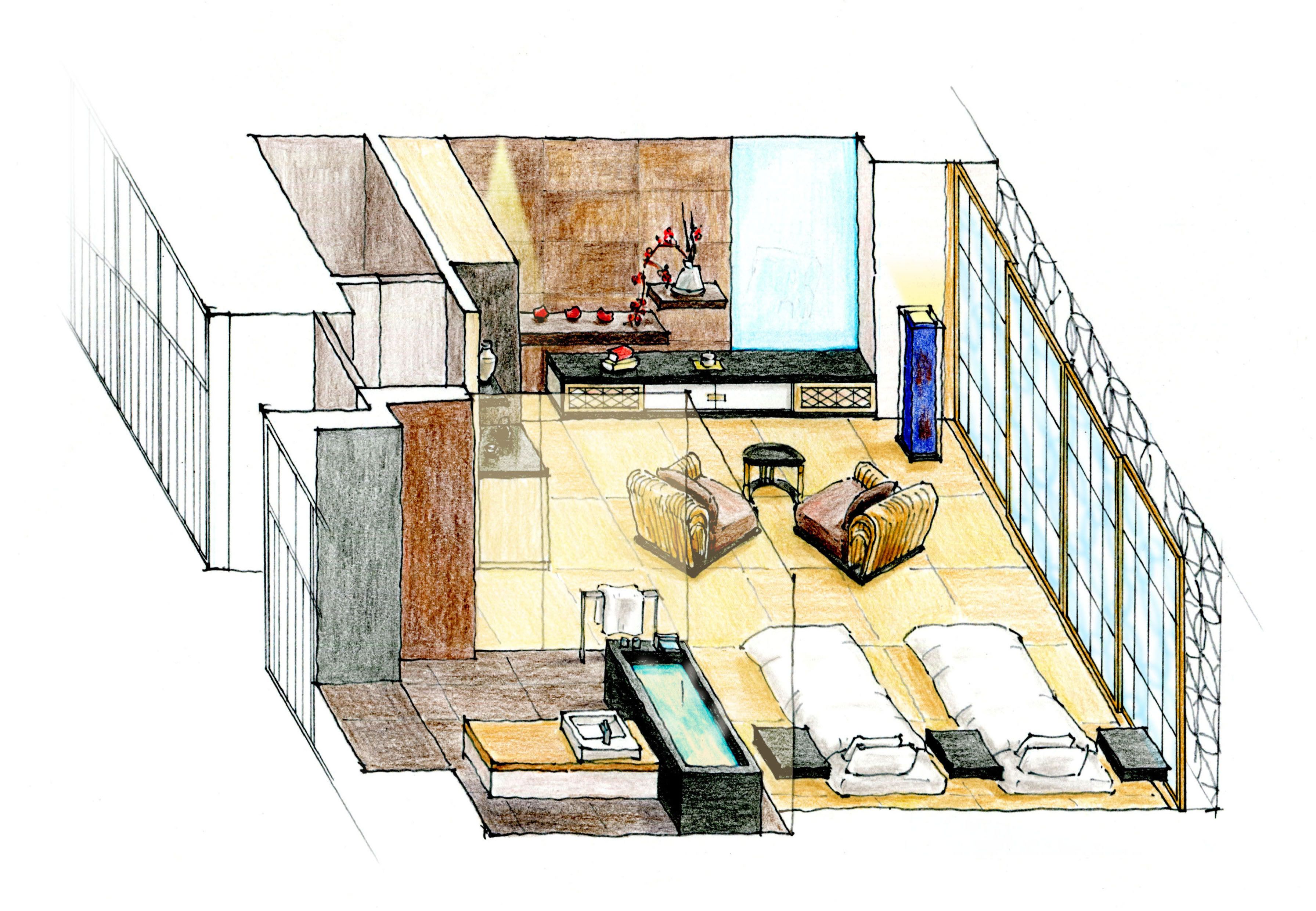 Habitación de hotel con una cama grande, un sofá pequeño, un escritorio, una ventana y un baño con bañera y lavamanos.