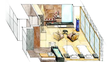 Habitación de hotel con una cama grande, un sofá pequeño, un escritorio, una ventana y un baño con bañera y lavamanos.