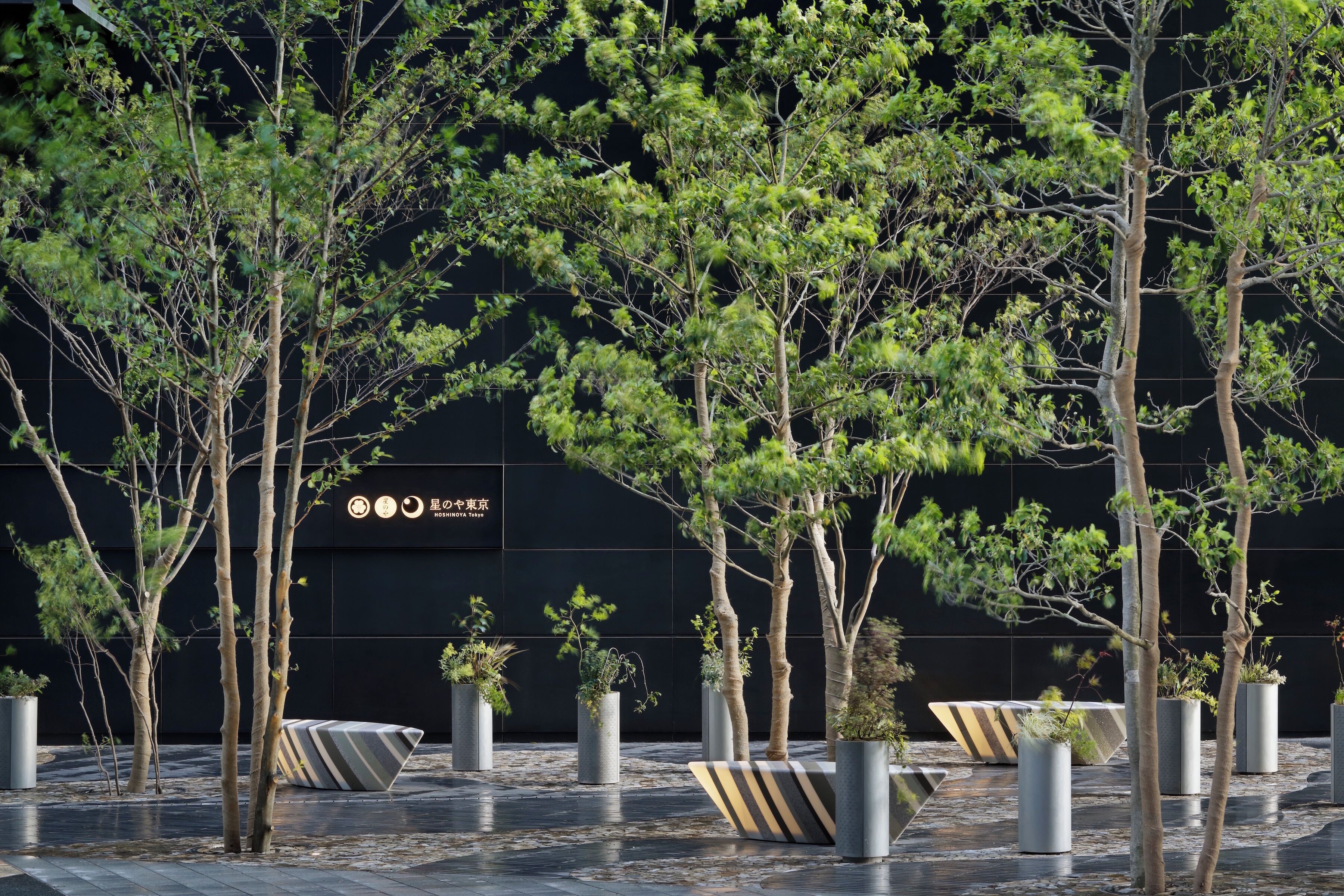 Un espace extérieur moderne agrémenté d’arbres, de jardinières et d’un mur noir sur lequel est apposée une signalétique.
