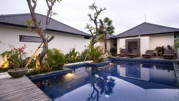 Outdoor pool, pool umbrellas, pool loungers