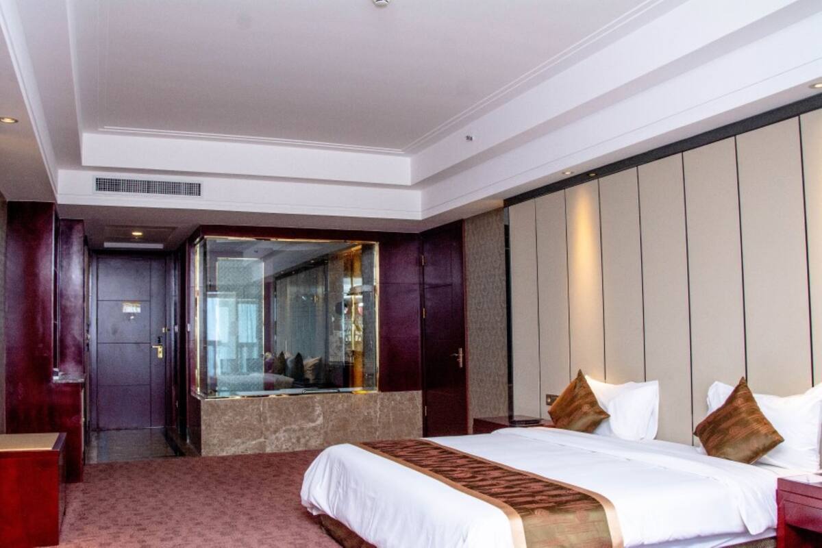 Une chambre d’hôtel avec un grand lit, un miroir, une télévision et une armoire.