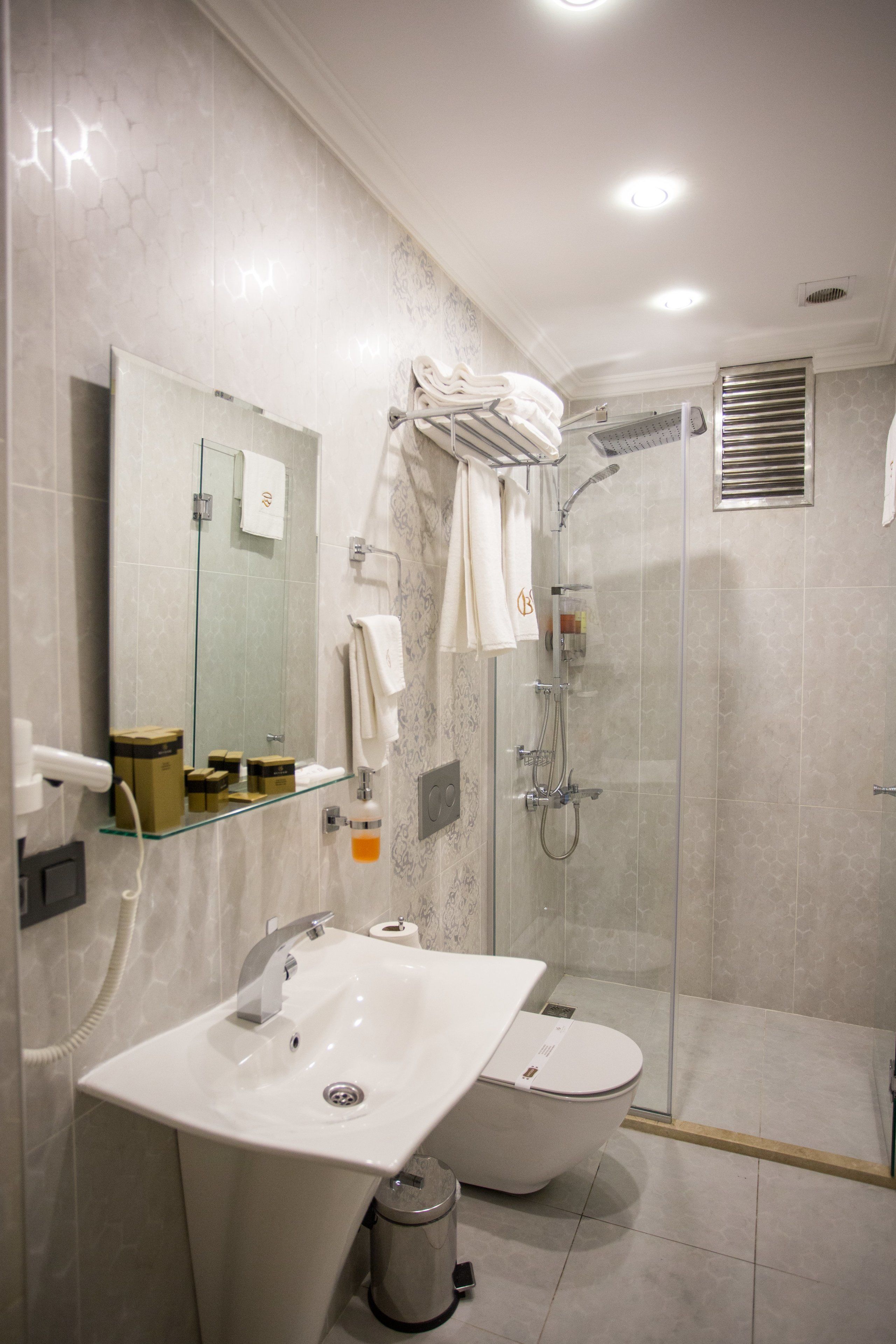 A modern bathroom with a glass shower enclosure, a white sink, and a toilet.