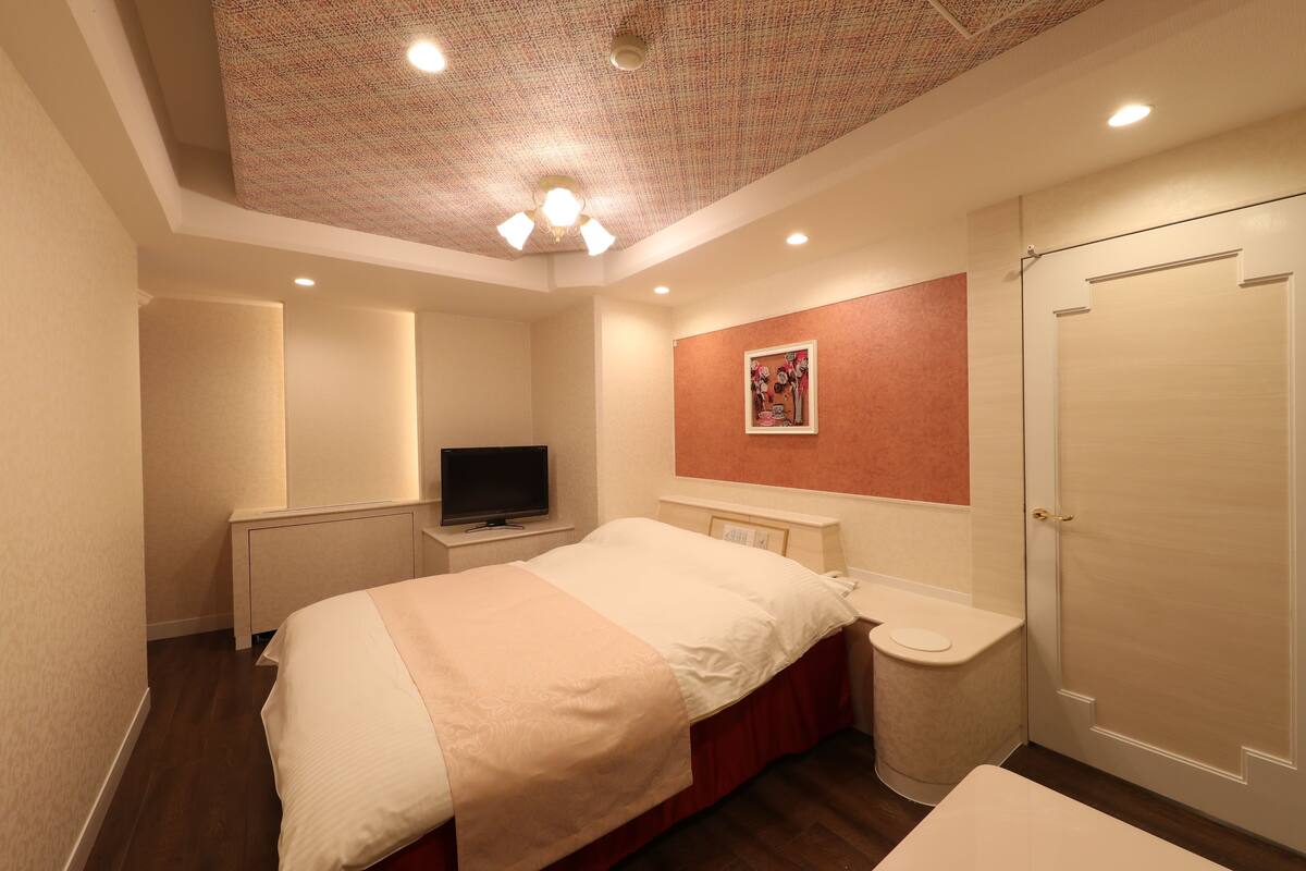 A bedroom with a bed, a television on a nightstand, a painting on the wall, and a door.
