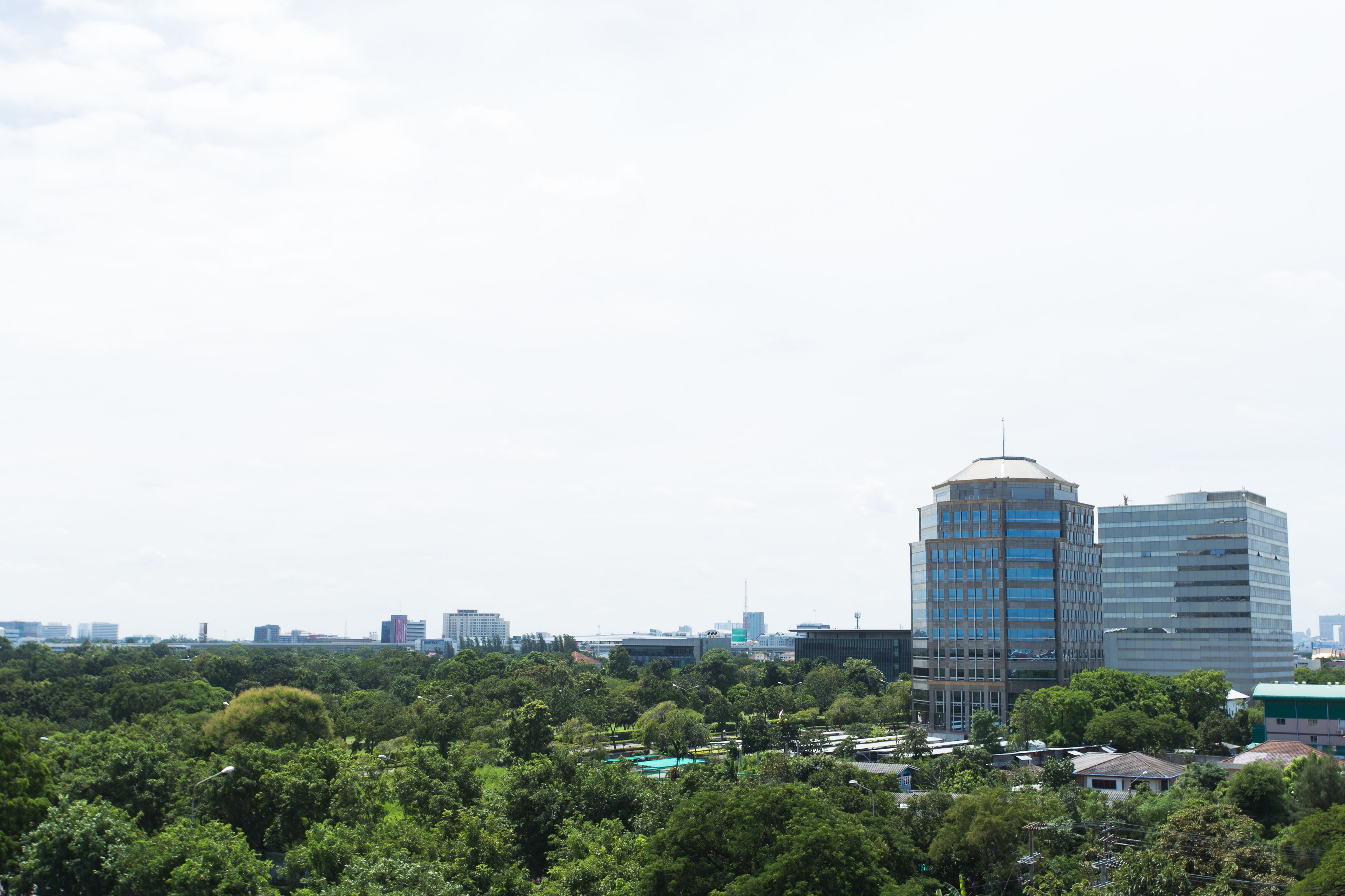 A cityscape with modern buildings and dense greenery.