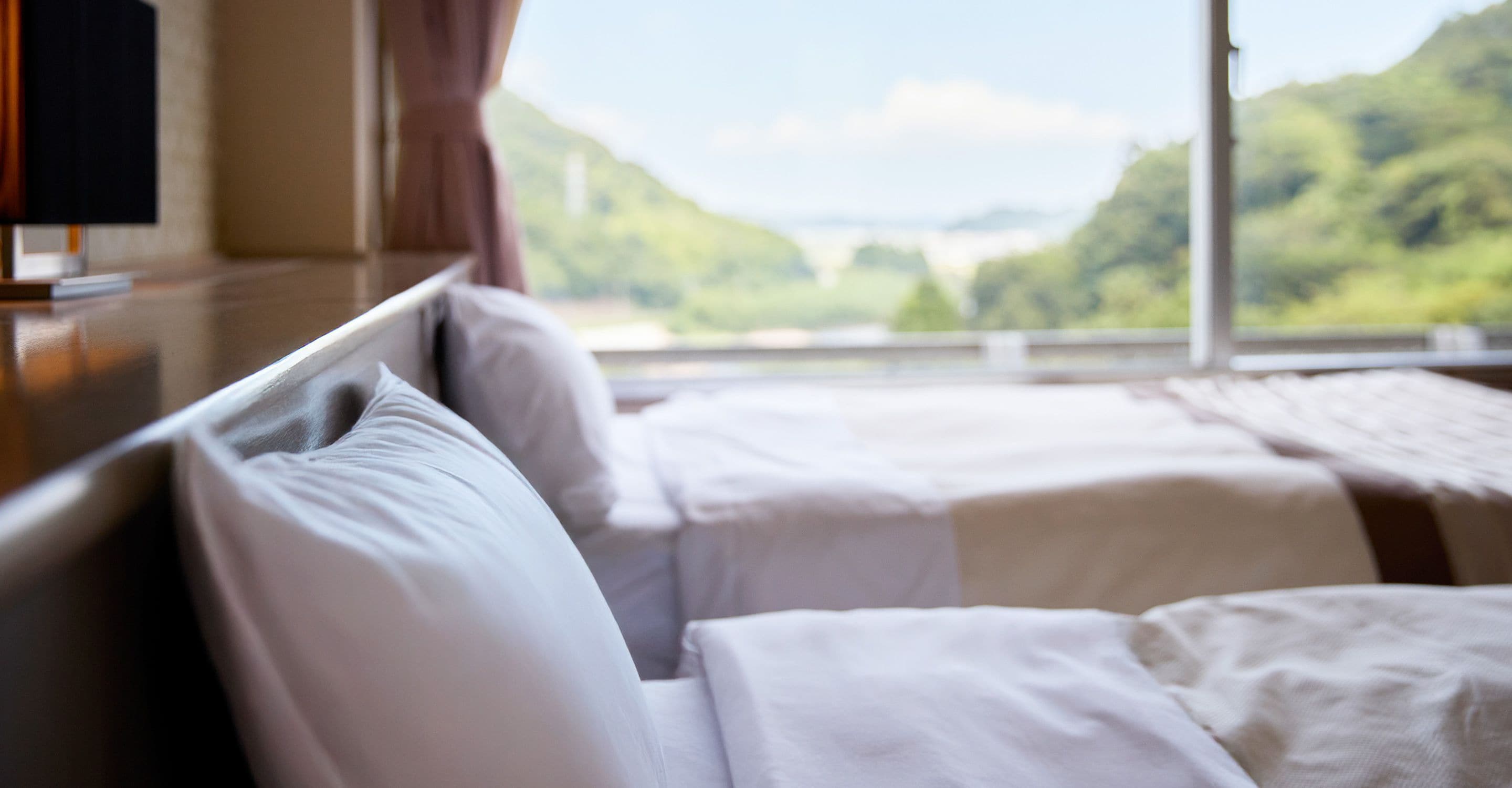 A hotel room with a bed, a TV, and a window with a view of greenery.