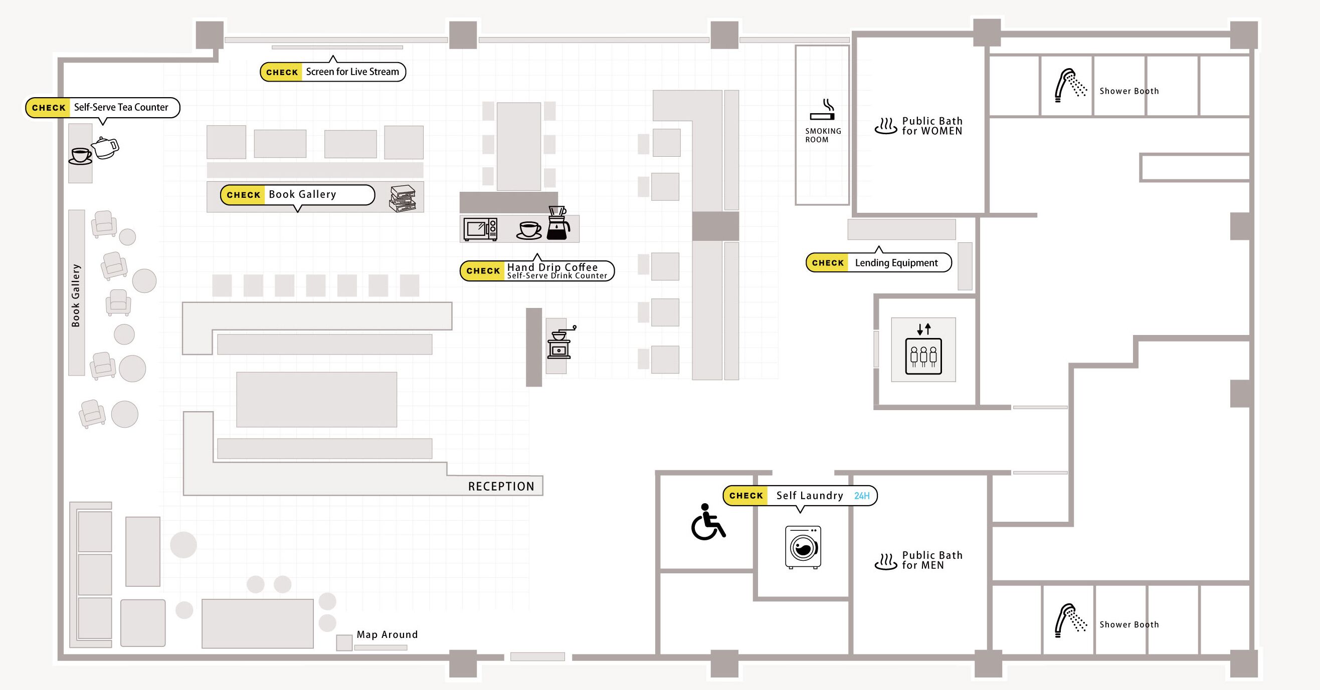 Een plattegrond van een hotel met een automaat voor thee, een boekenwand, een koffiehoek met handbereide koffie, een receptie, een wasserette en openbare badkamers voor heren en dames.
