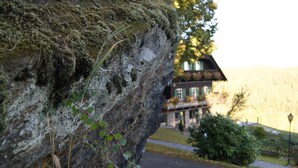A rustic stone wall with moss and a small plant growing on it. In the background, there is a traditional chalet with a balcony, surrounded by greenery and a clear sky. - Der Klugbauer (Sankt Stefan ob Stainz)