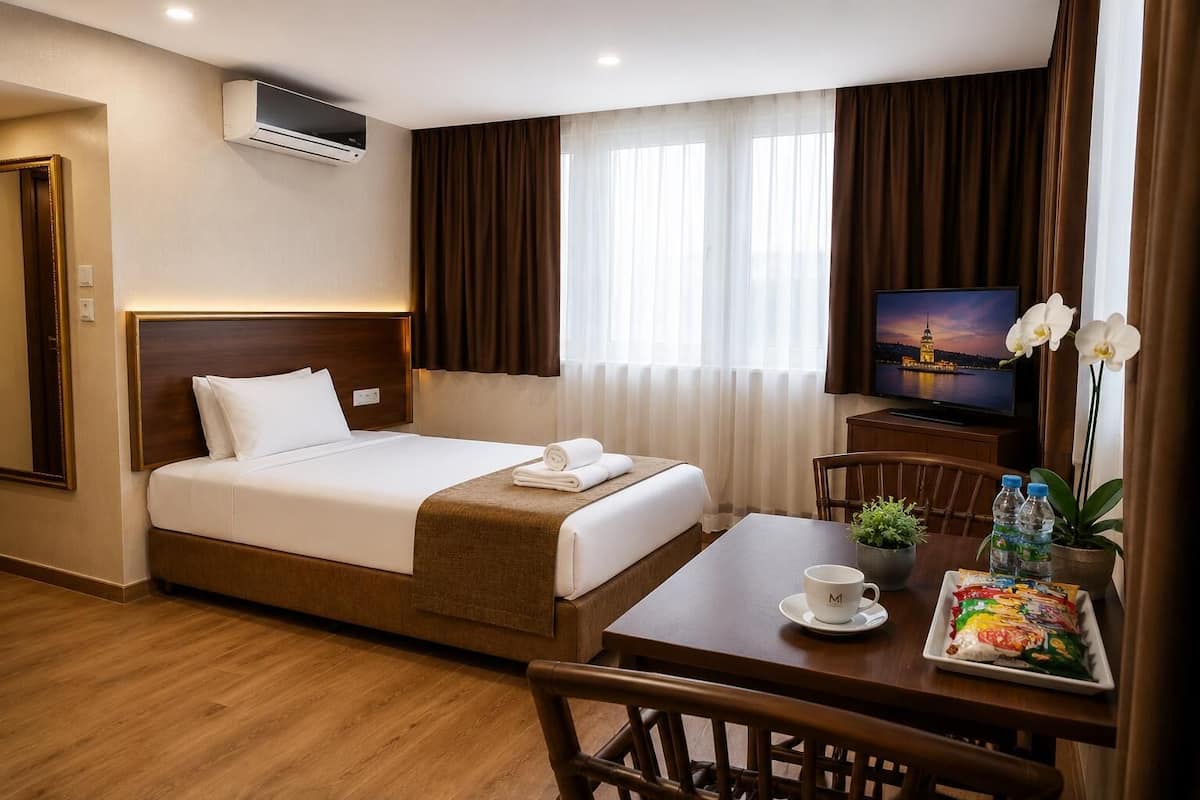 A hotel room with a bed, a TV, a dining table with chairs, and a window with curtains.