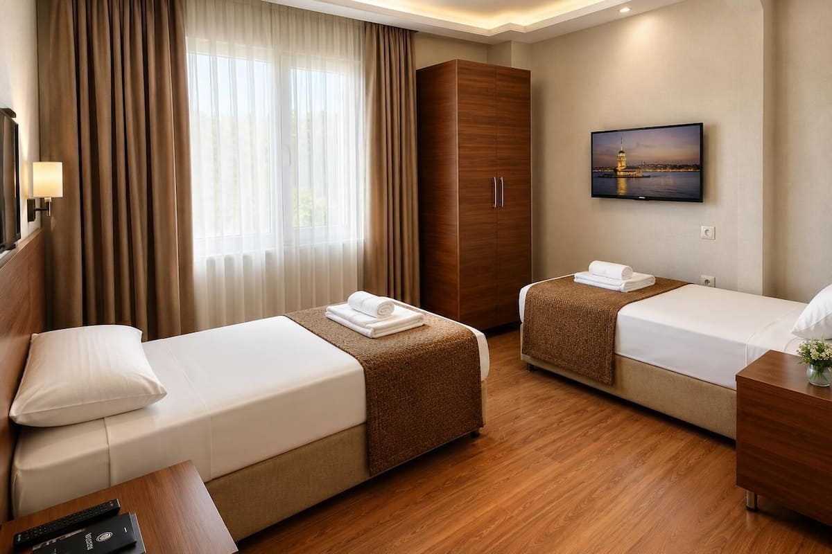 A hotel room with two beds, a wardrobe, a TV, and a window with curtains.