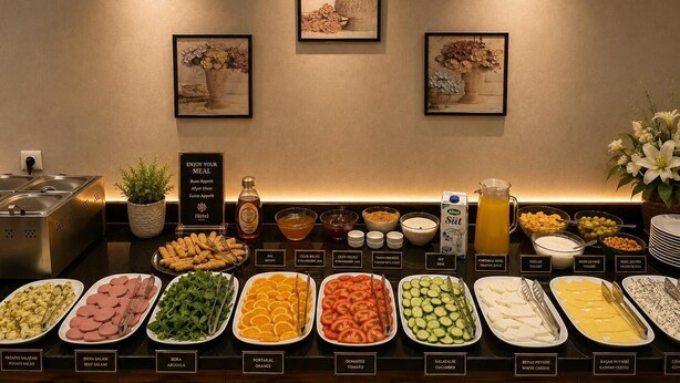 Un bufé con diversos alimentos y un letrero que dice 'ENJOY YOUR MEAL'.