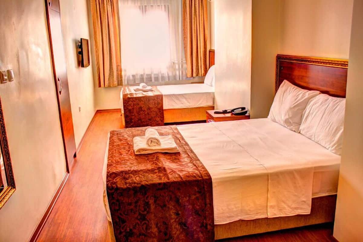 A hotel room with a large bed, a smaller bed, a bedside table, a mirror, and a window with curtains.
