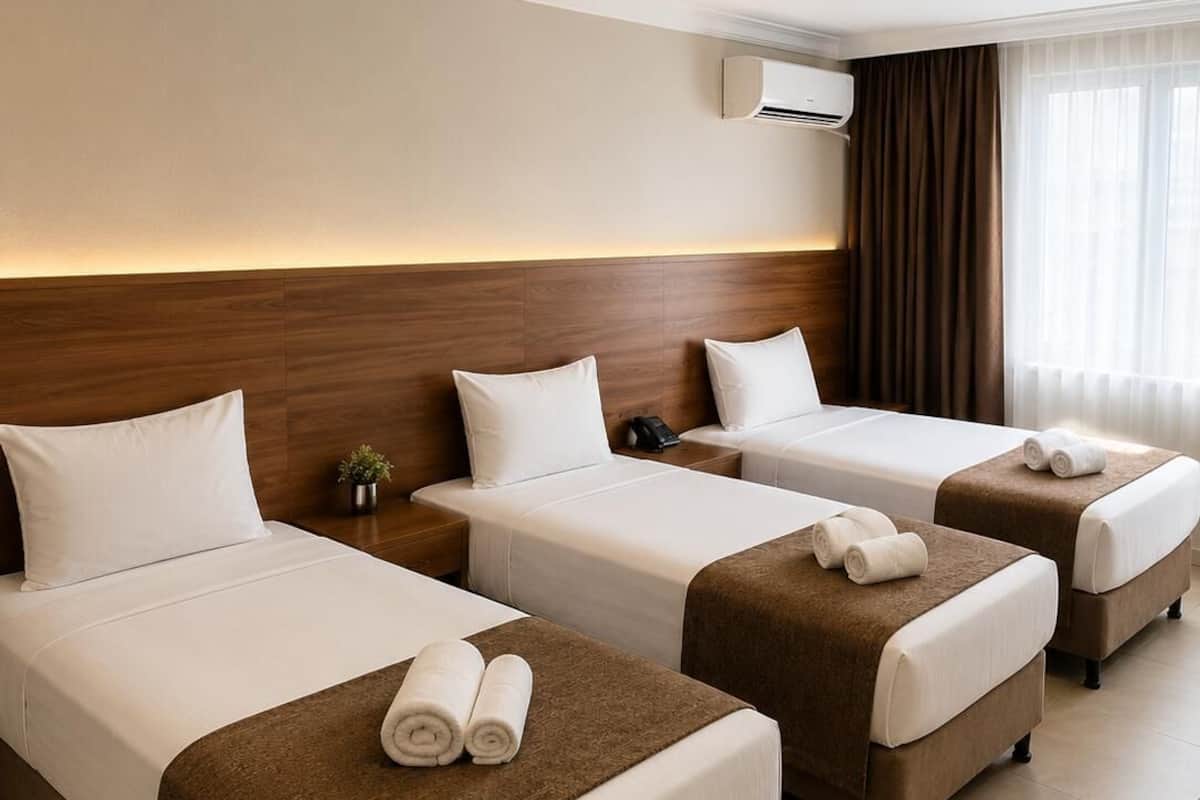 A hotel room with three beds, a wooden headboard, an air conditioning unit, and a small plant on the nightstand.