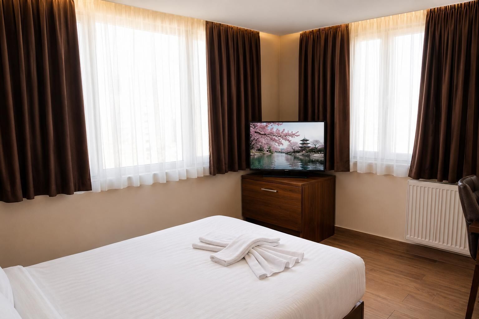 Una habitación de hotel con una cama, un televisor sobre un mueble de madera y cortinas en las ventanas.